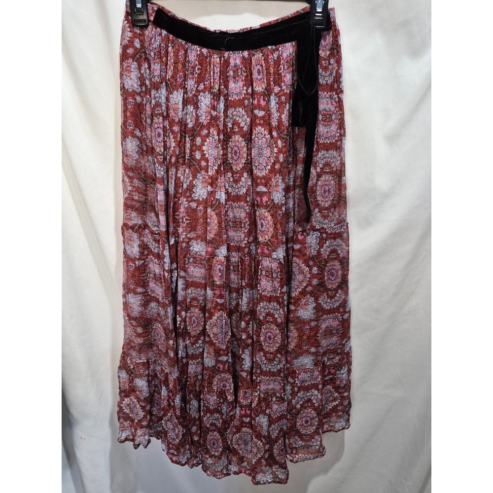 Ne Quittez Pas Rust Red Paisley Tiered Midi Skirt Velvet Tie XS Boho Floral